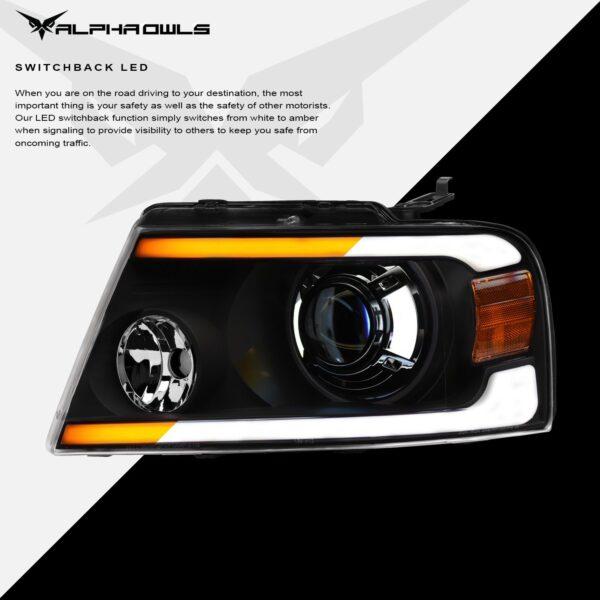 Alpha Owls 2004-2008 Ford F-150 SQX Series LED Projector Headlights (LED Projector Black housing w/ Sequential Signal/LumenX Light Bar)