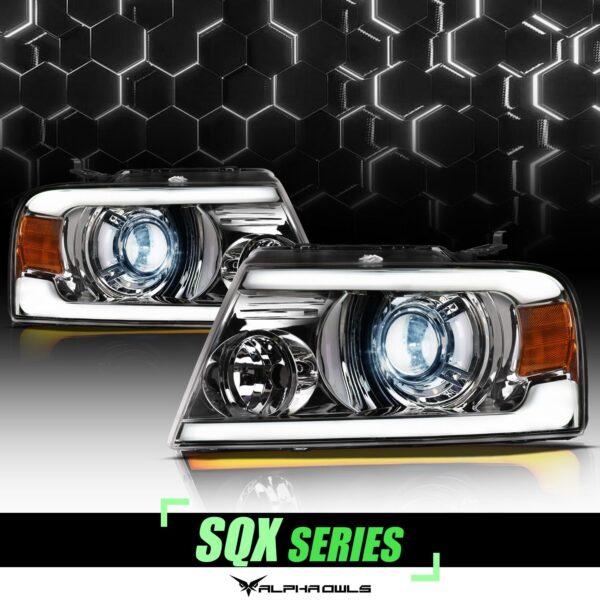 Alpha Owls 2004-2008 Ford F-150 SQX Series LED Projector Headlights (LED Projector Chrome housing w/ Sequential Signal/LumenX Light Bar)