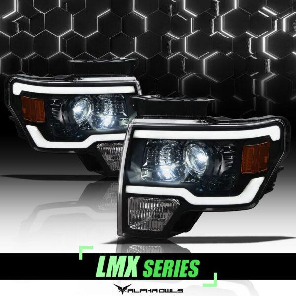 Alpha Owls 2009-2014 Ford F-150 LMX Series LED Projector Headlights (LED Projector Black housing w/ LumenX Light Bar)