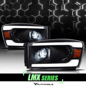 Alpha Owls 2006-2008 Dodge Ram 1500 LMX Series LED Projector Headlights (LED Projector Black housing w/ LumenX Light Bar)