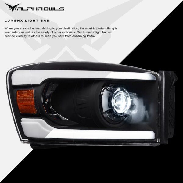 Alpha Owls 2006-2008 Dodge Ram 1500 LMX Series LED Projector Headlights (LED Projector Black housing w/ LumenX Light Bar)