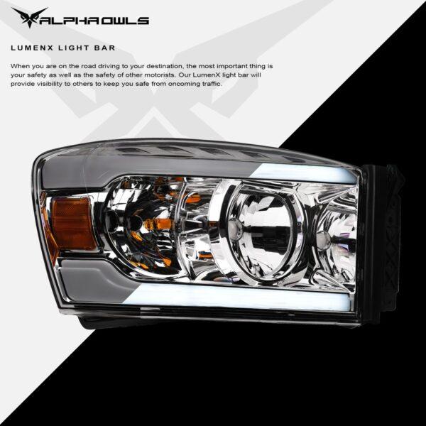 Alpha Owls 2006-2008 Dodge Ram 1500 LM Series Headlights (Crystal Headlights Chrome housing w/ LumenX Light Bar)