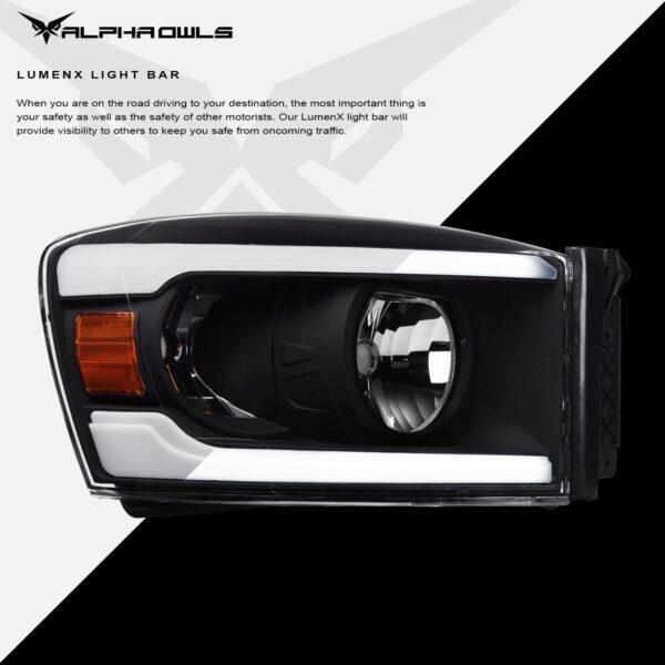 Alpha Owls 2006-2008 Dodge Ram LM Series Headlights (Crystal Headlights Black housing w/ LumenX Light Bar)