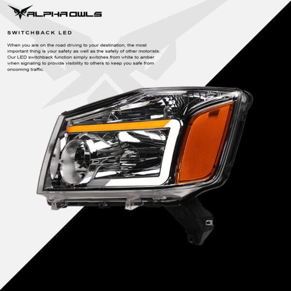 Alpha Owls 2004-2015 Nissan Titan SQ Series Headlights (Crystal Headlights Chrome housing w/ Sequential Signal/LumenX Light Bar)