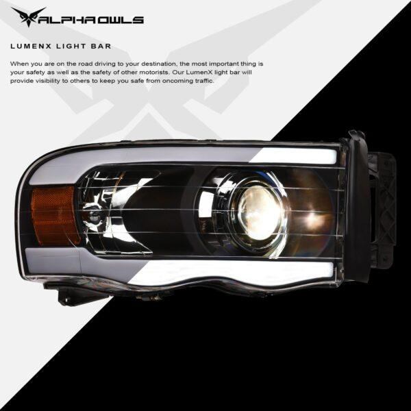 Alpha Owls 2002-2005 Dodge Ram 1500 LMP Series Projector Headlights (Halogen Projector Black housing w/ LumenX Light Bar)