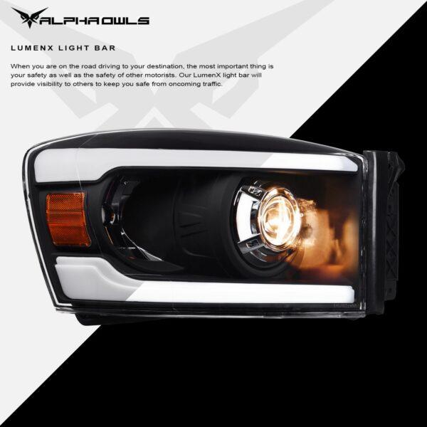 Alpha Owls 2006-2008 Dodge Ram 1500 LMP Series Projector Headlights (Halogen Projector Black housing w/ LumenX Light Bar)