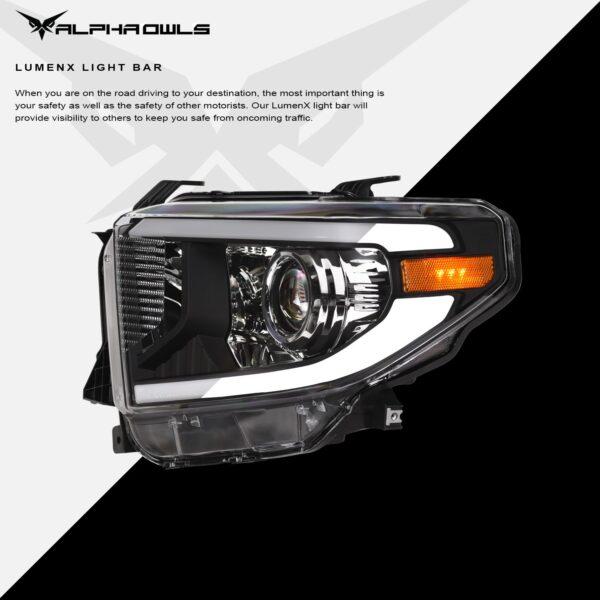 Alpha Owls 2014-2021 Toyota Tundra LMP Series Headlights (Halogen Projector Black housing w/ LumenX Light Bar)