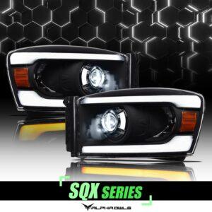 Alpha Owls 2006-2008 Dodge Ram SQX Series LED Projector Headlights (LED Projector Black housing w/ Sequential Signal/LumenX Light Bar)