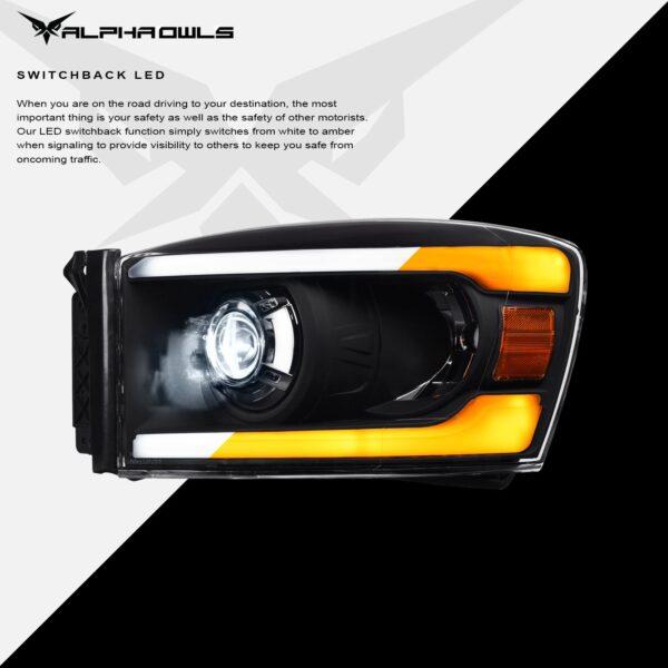 Alpha Owls 2006-2008 Dodge Ram SQX Series LED Projector Headlights (LED Projector Black housing w/ Sequential Signal/LumenX Light Bar)