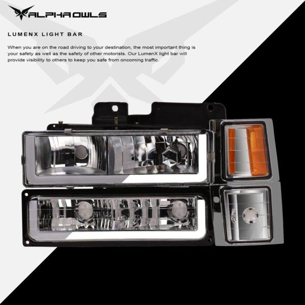 Alpha Owls 1994-1999 Chevy/GMC C/K, Suburban, Tahoe Series LM Series Headlights (Crystal Headlights Chrome housing w/ LumenX Light Bar)