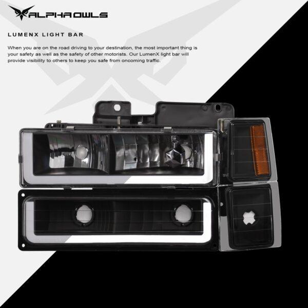 Alpha Owls 1994-1999 Chevy/GMC C/K, Suburban, Tahoe Series LM Series Headlights (Crystal Headlights Black housing w/ LumenX Light Bar)