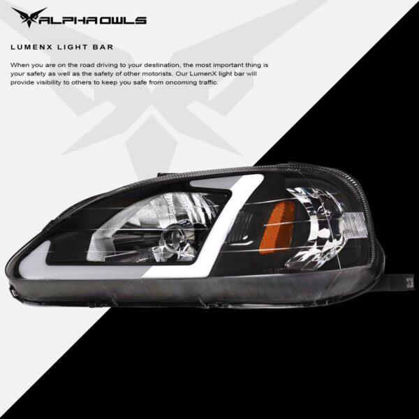 Alpha Owls 1999-2000 Honda Civic LM Series Headlights (Crystal Headlights Black housing w/ LumenX Light Bar)