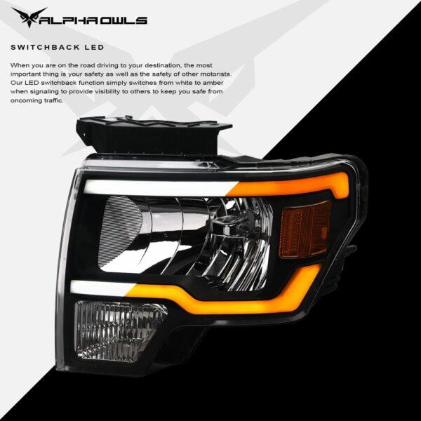 Alpha Owls 2009-2014 Ford F-150 SQ Series Headlights (Crystal Headlights Black housing w/ Sequential Signal/LumenX Light Bar)