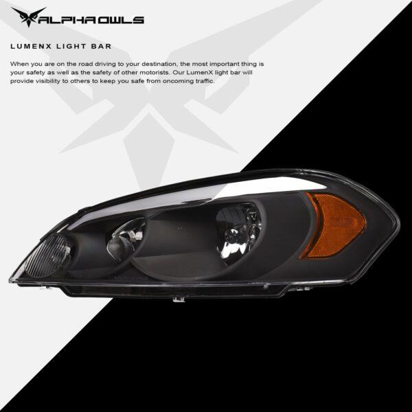 Alpha Owls 2006-2013 Chevy Impala LM Series Headlights (Crystal Headlights Black housing w/ LumenX Light Bar)