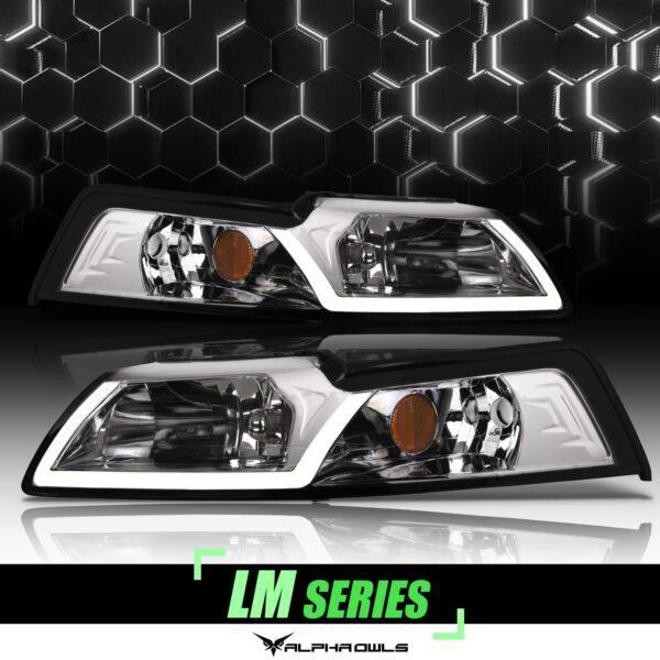 Alpha Owls 1999-2004 Ford Mustang LM Series Headlights (Crystal Headlights Chrome housing w/ LumenX Light Bar)