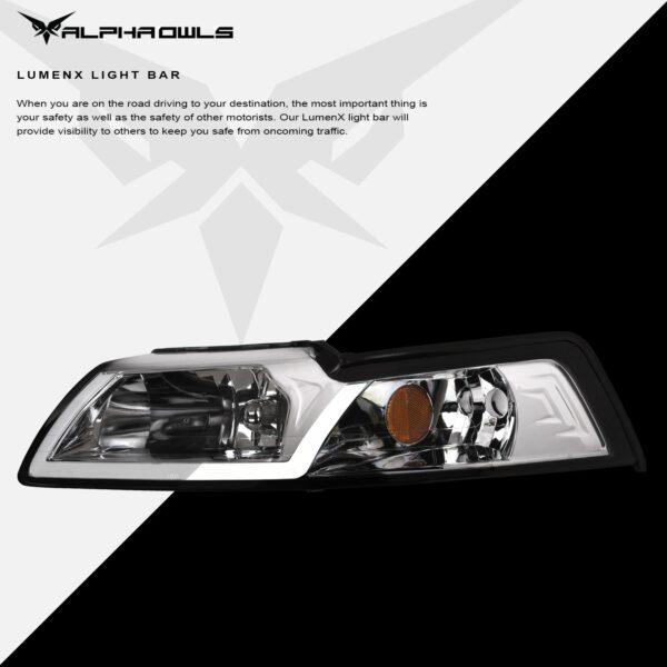 Alpha Owls 1999-2004 Ford Mustang LM Series Headlights (Crystal Headlights Chrome housing w/ LumenX Light Bar)