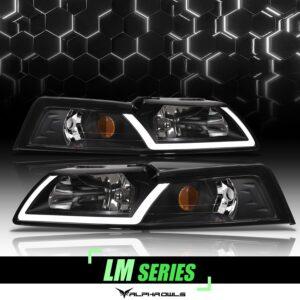 Alpha Owls 1999-2004 Ford Mustang LM Series Headlights (Crystal Headlights Black housing w/ LumenX Light Bar)