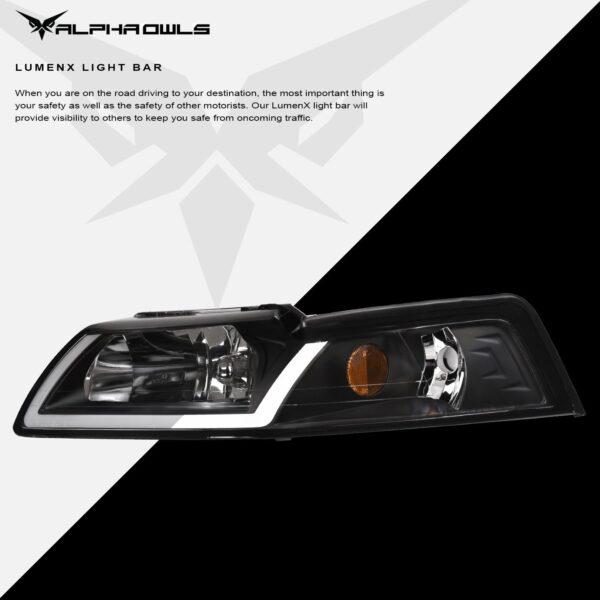 Alpha Owls 1999-2004 Ford Mustang LM Series Headlights (Crystal Headlights Black housing w/ LumenX Light Bar)