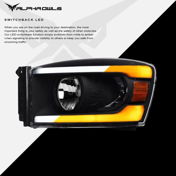 Alpha Owls 2006-2008 Dodge Ram SQ Series Headlights (Crystal Headlights Black housing w/ Sequential Signal/LumenX Light Bar)