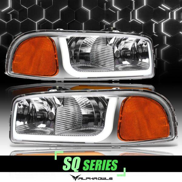 Alpha Owls 1999-2006 GMC Sierra/Yukon SQ Series Headlights (Crystal Headlights Chrome housing w/ Sequential Signal/LumenX Light Bar)