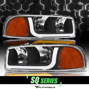 Alpha Owls 1999-2006 GMC Sierra/Yukon SQ Series Headlights (Crystal Headlights Black housing w/ Sequential Signal/LumenX Light Bar)