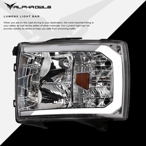 Alpha Owls 2007-2013 Chevy Silverado 1500 LM Series Headlights (Crystal Headlights Chrome housing w/ LumenX Light Bar)