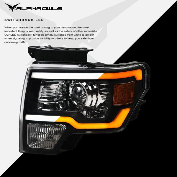 Alpha Owls 2009-2014 Ford F-150 SQP Series Headlights (Halogen Projector Black housing w/ Sequential Signal/LumenX Light Bar)