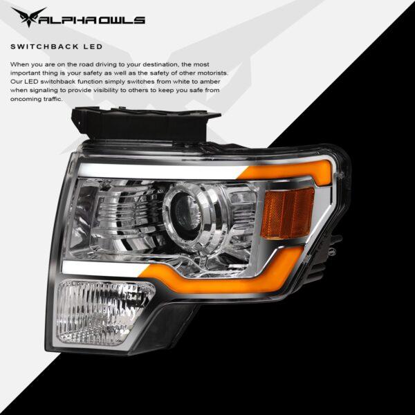 Alpha Owls 2009-2014 Ford F-150 SQP Series Headlights (Halogen Projector Chrome housing w/ Sequential Signal/LumenX Light Bar)