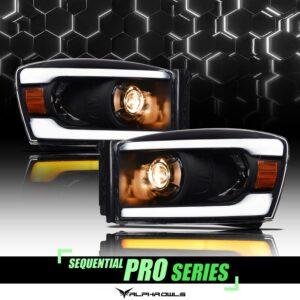 Alpha Owls 2006-2008 Dodge Ram SQP Series Headlights (Halogen Projector Black housing w/ Sequential Signal/LumenX Light Bar)