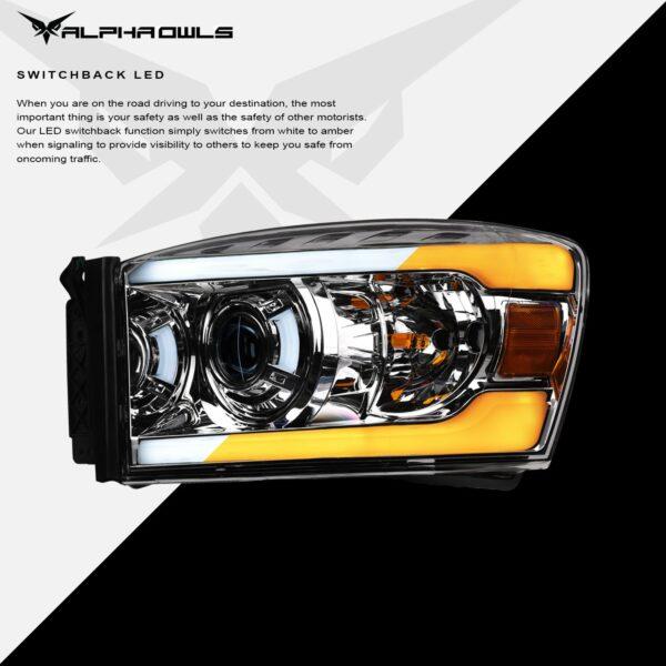 Alpha Owls 2006-2008 Dodge Ram SQP Series Headlights (Halogen Projector Chrome housing w/ Sequential Signal/LumenX Light Bar)