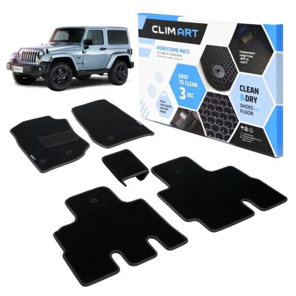 CLIM ART Honeycomb Custom Fit Floor Mats for Jeep Wrangler 2014-2018, 1&2 Row, Car Mats Floor Liner, All-Weather, Car Accessories for Man & Woman, Black/Black - FL011307090