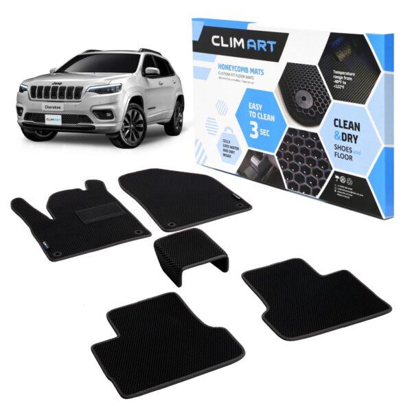 CLIM ART Honeycomb Custom Fit Floor Mats for Jeep Cherokee 2015-2021, 1&2 Row, Car Mats Floor Liner, All-Weather, Car Accessories for Man & Woman, Black/Black - FL011318031