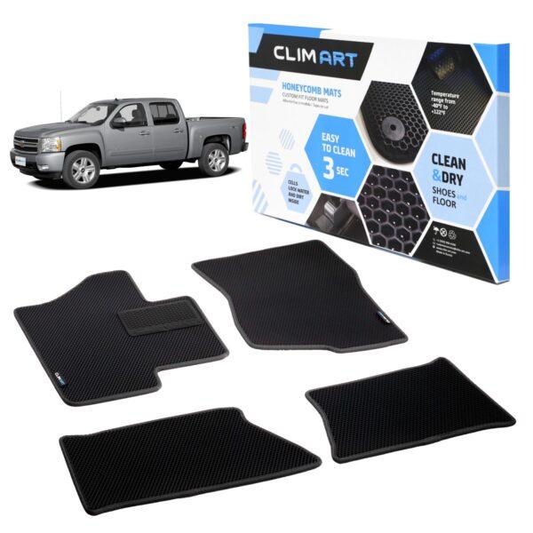 CLIM ART Honeycomb Custom Fit Floor Mats for Chevrolet (Chevy) Silverado/for GMC Sierra 1500 2007-2013 Crew Cab, 1&2 Row, Car Mats Floor Liner, All-Weather,Car Accessories, Black/Black - FL011407003