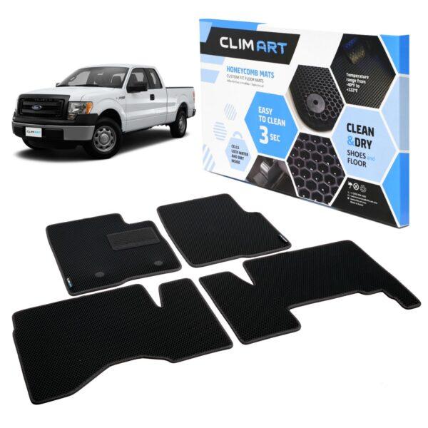 CLIM ART Honeycomb Custom Fit Floor Mats for Ford F-150 2009-2014 SuperCab, 1&2 Row, Car Mats Floor Liner, All-Weather, Car Accessories Man & Woman, Black/Black - FL011409009