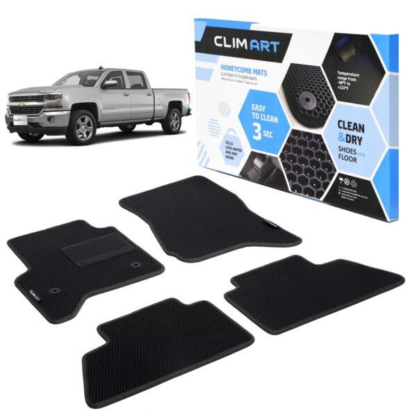 CLIM ART Honeycomb Custom Fit Floor Mats for Chevy Silverado 1500 2014-2018 Crew Cab, 1&2 Row, Car Mats Floor Liner, All-Weather, Car Accessories for Man & Woman, Black/Black - FL011414003