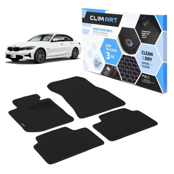 CLIM ART Honeycomb Custom Fit Floor Mats for BMW 3-Series 2019-2020, 1&2 Row, Car Mats Floor Liner, All-Weather, Car Accessories Man & Woman, Black/Black - FL011419118