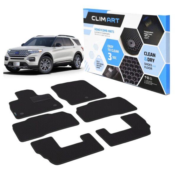 CLIM ART Honeycomb Custom Fit Floor Mats for Ford Explorer 2020-2022, 1&2 Row, Car Mats Floor Liner, All-Weather, Car Accessories Man & Woman, Black/Black - FL011620068