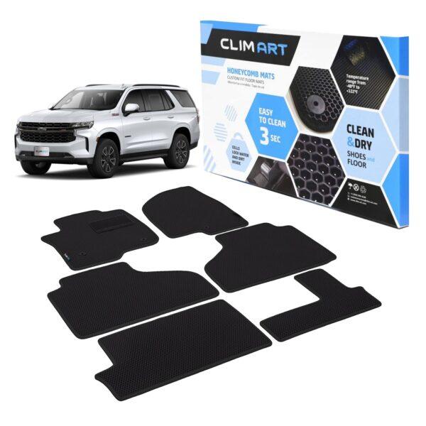 CLIM ART Honeycomb Custom Fit Floor Mats for Chevy Tahoe 2021-2022 Bench Seating, 1&2 Row, Car Mats Floor Liner, All-Weather, Car Accessories Man & Woman, Black/Black- FL011621044