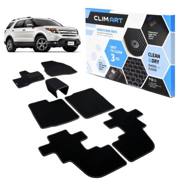 CLIM ART Honeycomb Custom Fit Floor Mats for Ford Explorer 2011-2014, 1&2 Row, Car Mats Floor Liner, All-Weather, Car Accessories for Man & Woman, Black/Black - FL011711068