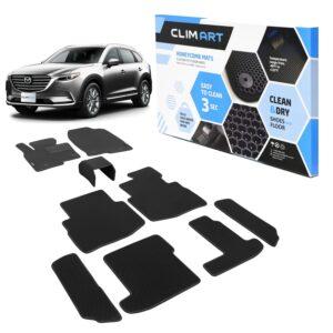 CLIM ART Honeycomb Custom Fit Floor Mats for Mazda CX-9 2016-2021, 1st, 2nd & 3rd Row, Car Mats Floor Liner, All-Weather, Car Accessories for Man & Woman, Tapetes para Autos, Black/Black - FL011917165