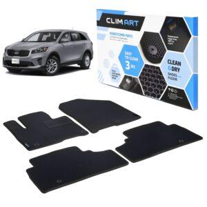 CLIM ART Honeycomb Custom Fit Floor Mats for Kia Sorento 2016-2020, 1st and 2nd Row, Car Mats Floor Liner, All-Weather, Car Accessories for Man & Woman, Tapetes para Autos, Black/Black - FL911416041