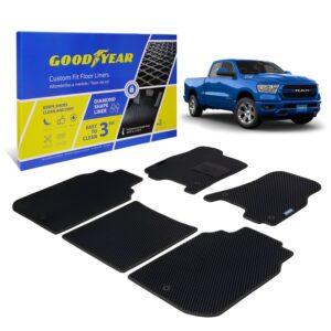 Goodyear Custom Fit Car Floor Liners for Dodge Ram 1500 2019-2021 Crew Cab, Black/Black 5 Pc. Set, All-Weather Diamond Shape Liner Traps Dirt, Liquid, Precision Interior Coverage - GY004033