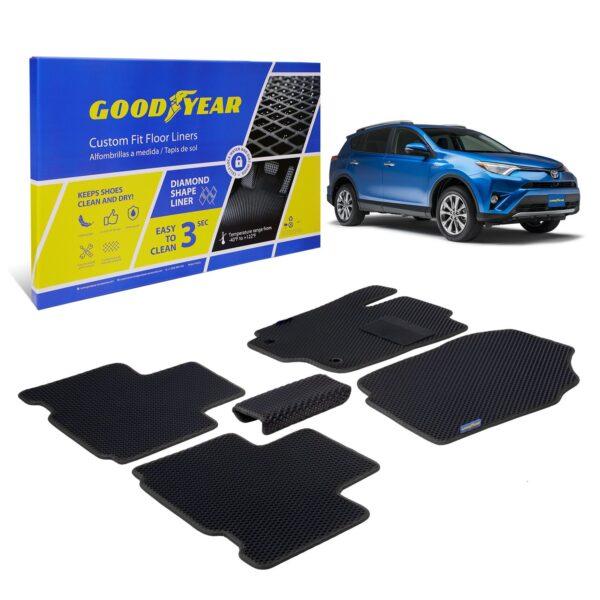 Goodyear Custom Fit Car Floor Liners for Toyota RAV4 2013-2018, Black/Black 5 Pc. Set, All-Weather Diamond Shape Liner Traps Dirt, Liquid, Rain and Dust, Precision Interior Coverage - GY004036