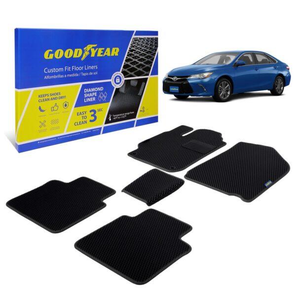 Goodyear Custom Fit Car Floor Liners for Toyota Camry 2015-2017, Black/Black 5 Pc. Set, All-Weather Diamond Shape Liner Traps Dirt, Liquid, Rain and Dust, Precision Interior Coverage - GY004042