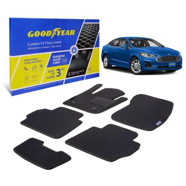 Goodyear Custom Fit Car Floor Liners for Ford Fusion 2013-2016, Black/Black 5 Pc. Set, All-Weather Diamond Shape Liner Traps Dirt, Liquid, Precision Interior Coverage - GY004048