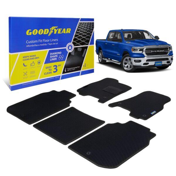 Goodyear Custom Fit Car Floor Liners for Dodge Ram 1500 2009-2018 Crew Cab, Black/Black 5 Pc. Set, All-Weather Diamond Shape Liner Traps Dirt, Liquid, Precision Interior Coverage - GY004069