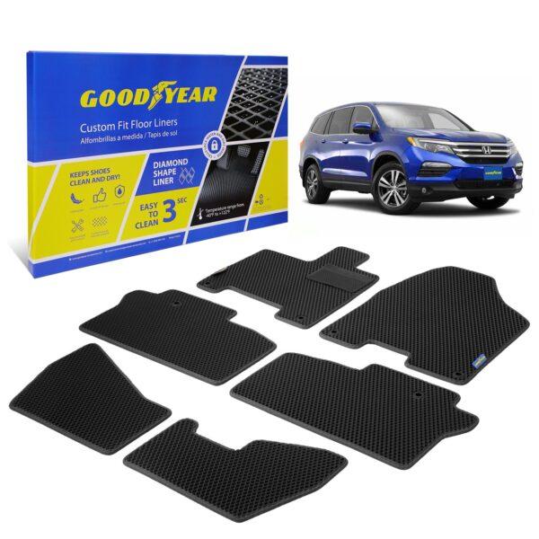 Goodyear Custom Fit Car Floor Liners for Honda Pilot 2016-2021, Black/Black 6 Pc. Set, All-Weather Diamond Shape Liner Traps Dirt, Liquid, Rain and Dust, Precision Interior Coverage - GY004081