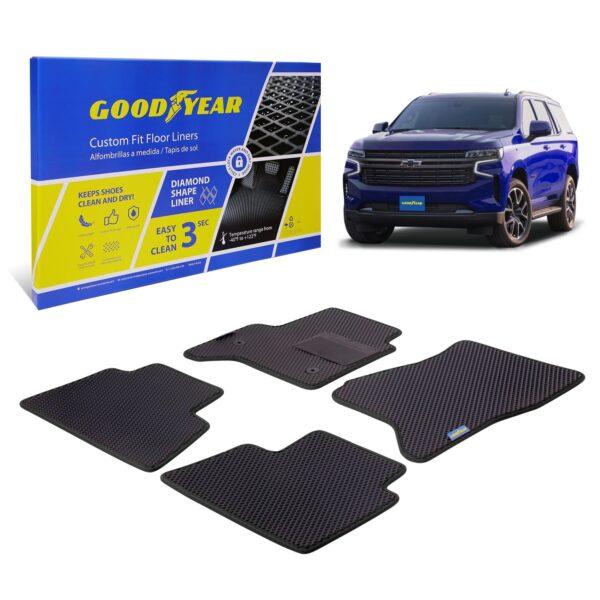 Goodyear Custom Fit Car Floor Liners for Chevrolet Tahoe 2015-2020, Black/Black 4 Pc. Set, All-Weather Diamond Shape Liner Traps Dirt, Liquid, Precision Interior Coverage - GY004093