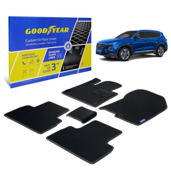 Goodyear Custom Fit Car Floor Liners for Hyundai Santa Fe 2019-2021, Black/Black 5 Pc. Set, All-Weather Diamond Shape Liner Traps Dirt, Liquid, Rain and Dust, Precision Interior Coverage - GY004099