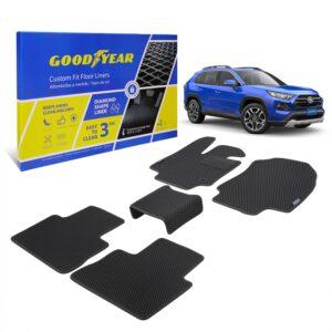 Goodyear Custom Fit Car Floor Liners for Toyota RAV4 2019-2021, Black/Black 5 Pc. Set, All-Weather Diamond Shape Liner Traps Dirt, Liquid, Rain and Dust, Precision Interior Coverage - GY004105